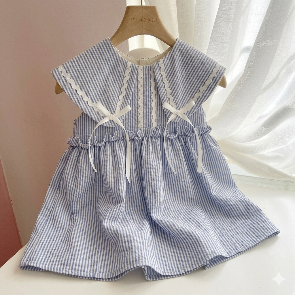Nautical Sweetheart: Girls' Striped Seersucker Peter Pan Collar Dress