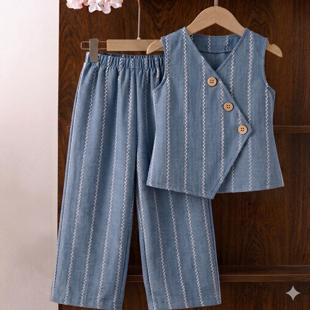 Chambray Chic: Kids' Asymmetric Vest & Wide-Leg Trouser Set