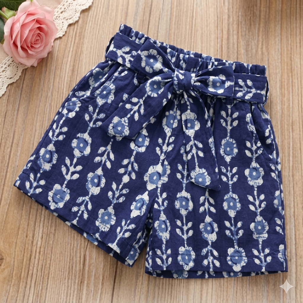 Meadow Breeze: Girls' Ruffled Blouse & Indigo Floral Shorts Set