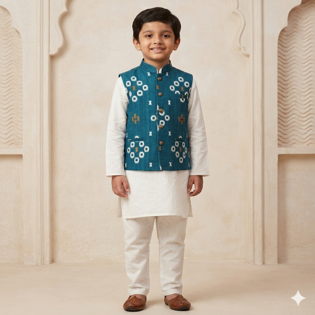 Regal Festivities: Boys' Kurta Pyjama with Ikat Nehru Jacket