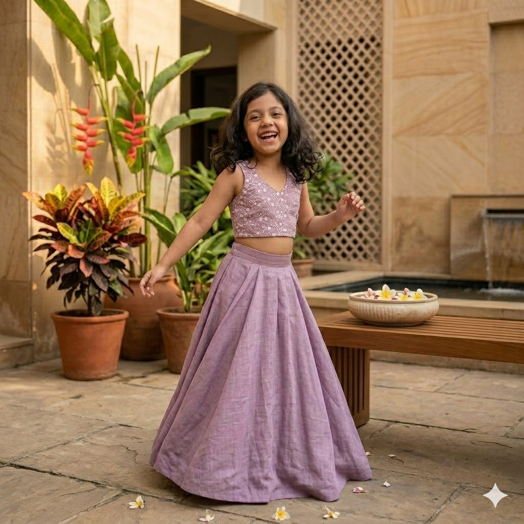 Lavender Dreams: Mul Chanderi Embroidered Lehenga Set