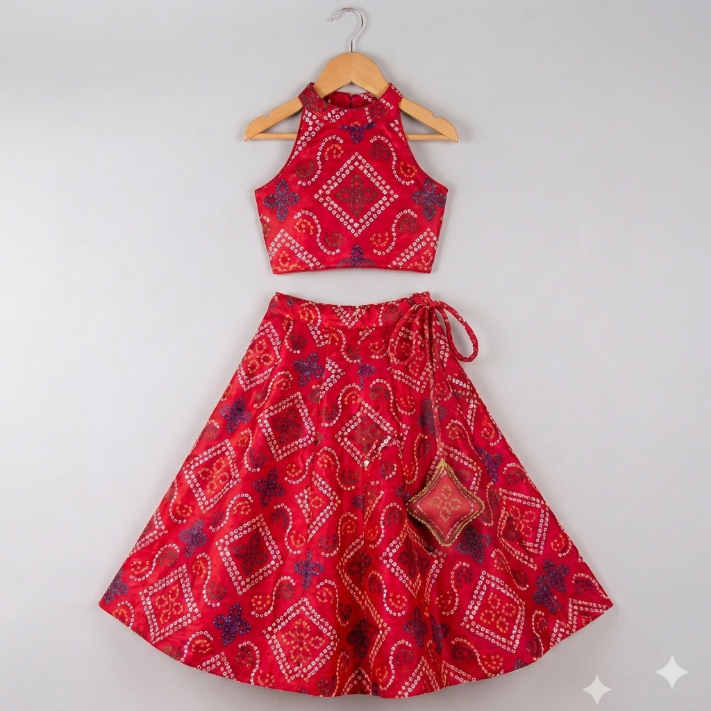 Crimson Heritage: Girls' Silk Bandhani Lehenga Choli Set