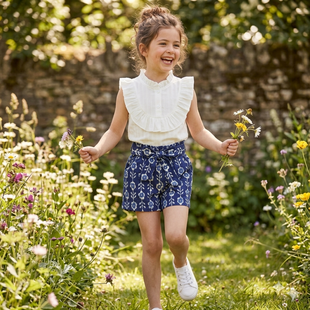 Meadow Breeze: Girls' Ruffled Blouse & Indigo Floral Shorts Set