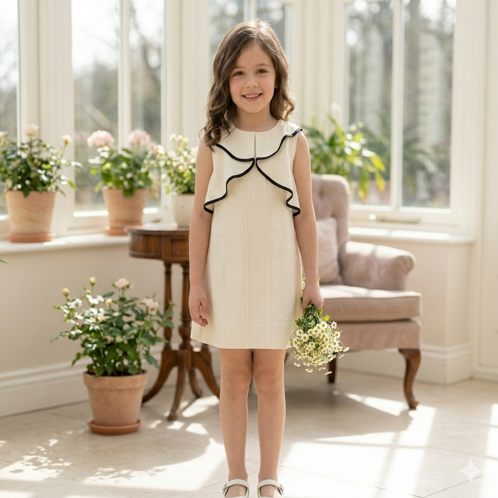 Classic Ivory: Girls' Textured Cape-Overlay Shift Dress