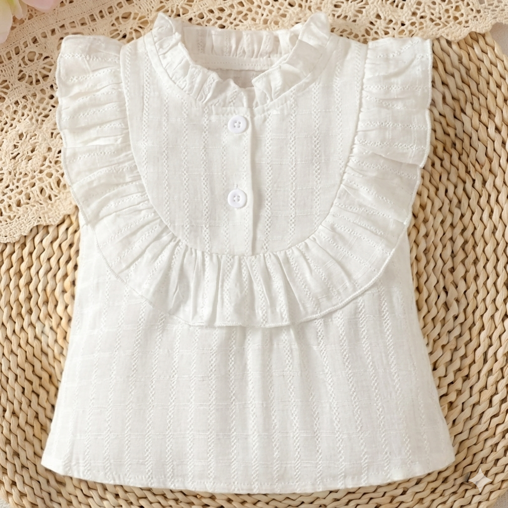 Meadow Breeze: Girls' Ruffled Blouse & Indigo Floral Shorts Set