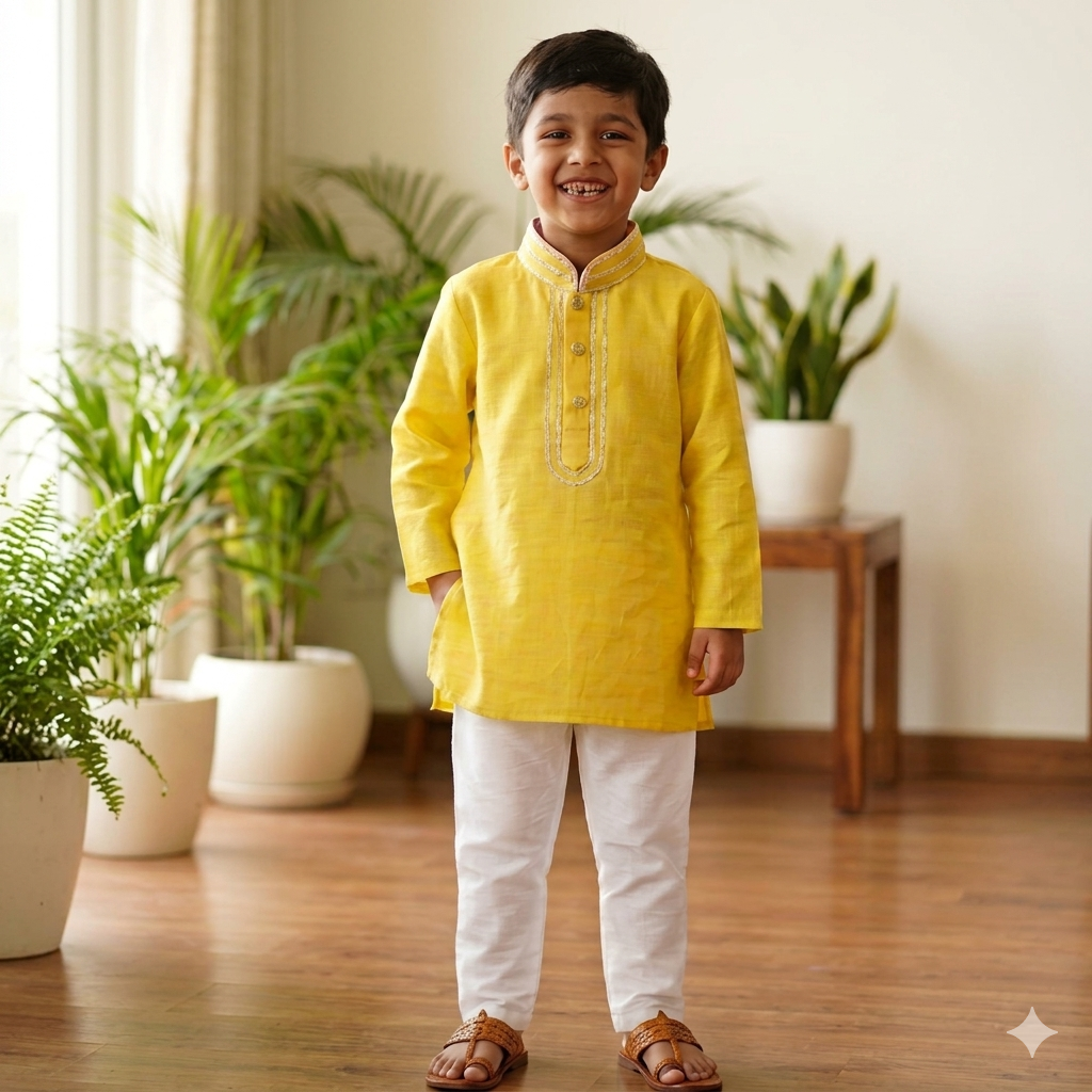 Sunshine Festive: Boys' Mustard Yellow Kurta Pyjama Set