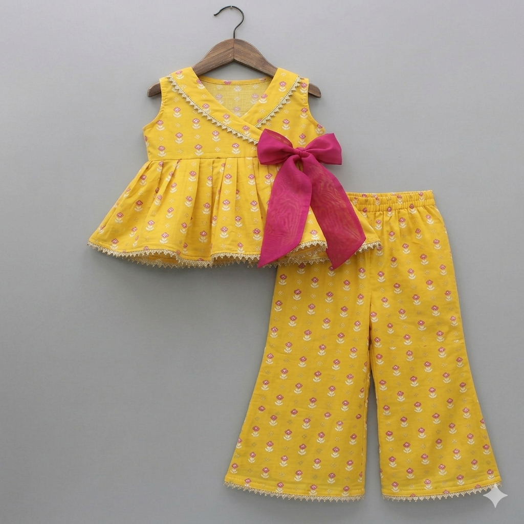 Sunshine & Blooms: Girls' Yellow Cotton Angrakha Co-Ord Set