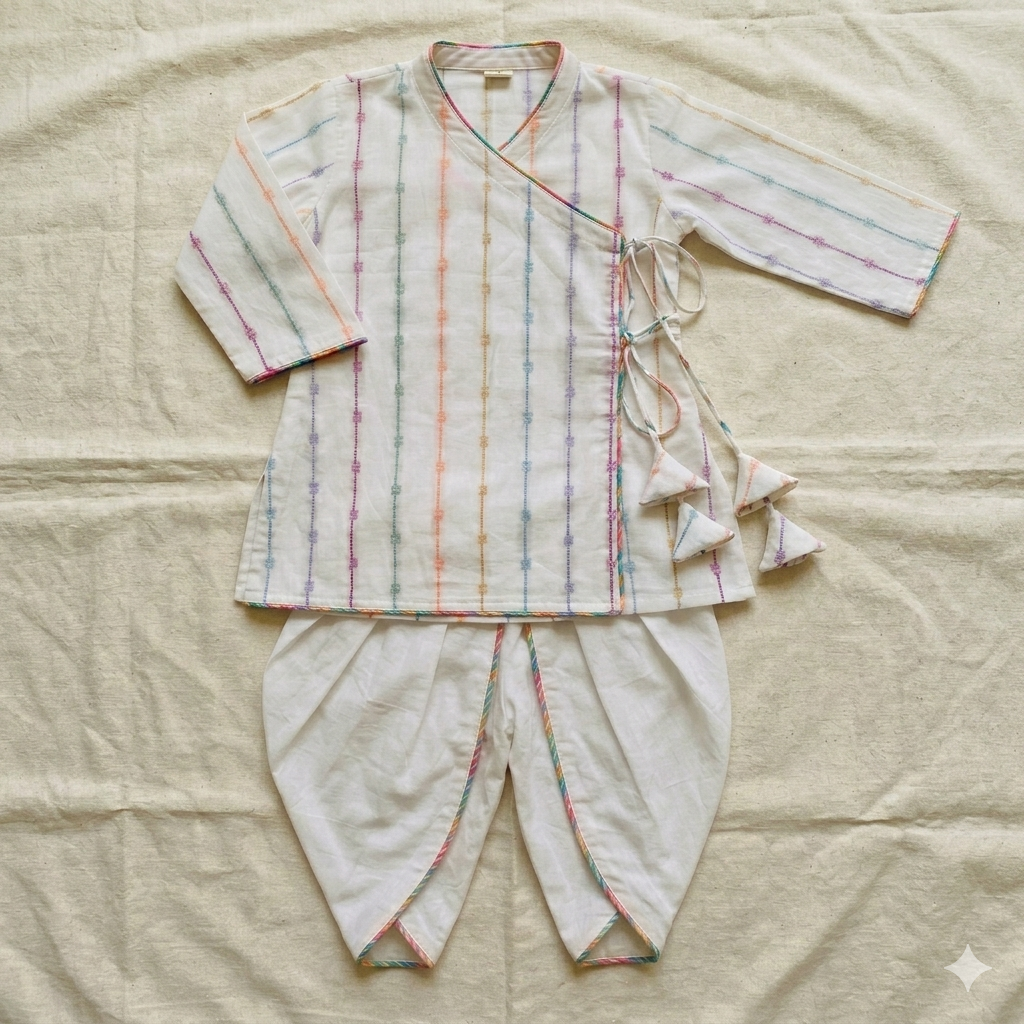 Rainbow Weave: Kids' Pure Cotton Angrakha & Dhoti Set