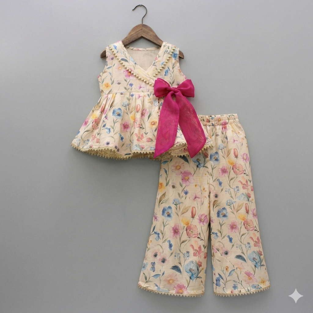 Blooming Joy: Watercolor Floral Angrakha & Palazzo Set