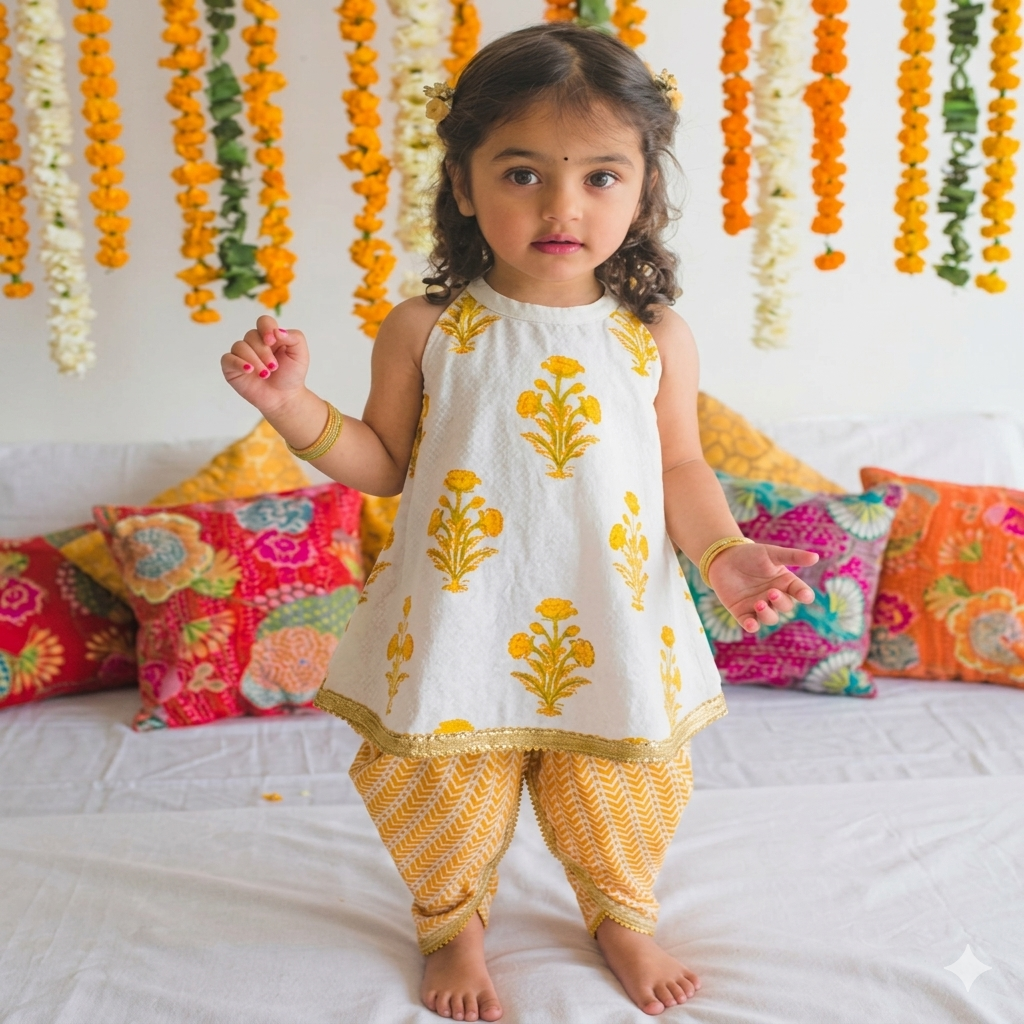 Marigold Magic: Girls' Block-Print Kurti & Dhoti Set